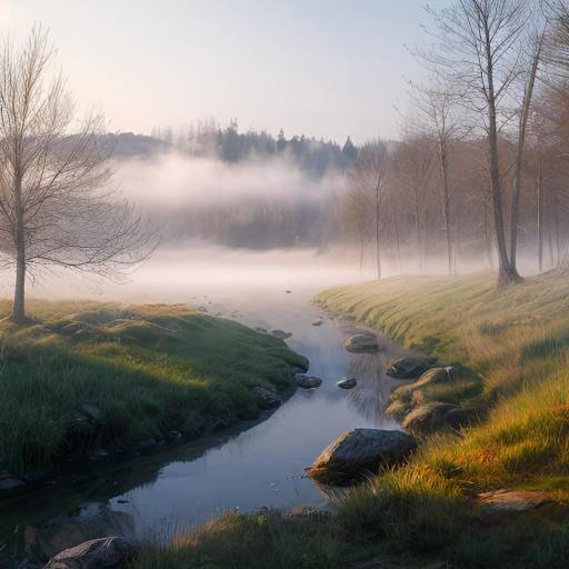 Impressionist Scene of a Foggy Riverbank