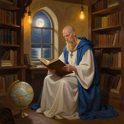 Photograph: Bald, bearded man in white robe and blue cloak reads book in dimly lit library with globe, bookshelves, and ar