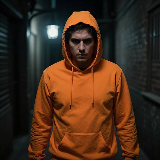 Photograph of a serious-looking man in a bright orange hoodie, standing in a dimly lit, narrow alley with brick walls.