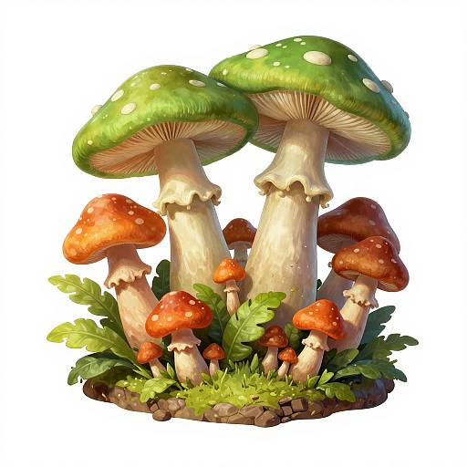 Digital illustration of vibrant green and red-spotted mushrooms with white stems, surrounded by green leaves and grass, on a white background.