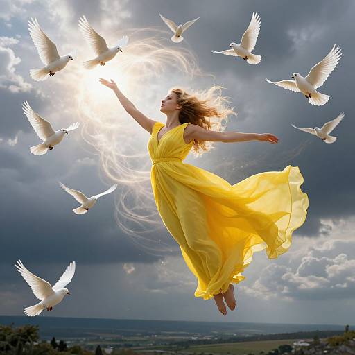 Photograph of a woman in a flowing yellow dress, arms raised, surrounded by white doves, against a bright sun and cloudy sky.