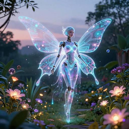 Cyberpunk AI Fairy in Twilight Garden