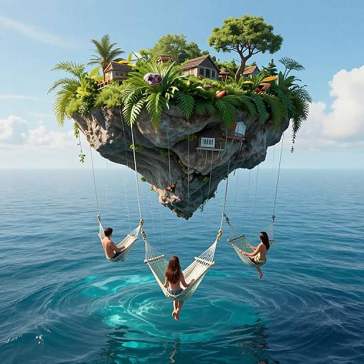 Fantasy CGI: Floating island with lush greenery, houses, and palm trees, suspended over calm ocean. Four people swing from ropes in white hamm