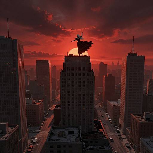 Photograph of a cityscape at sunset, featuring a silhouetted superhero statue with a flowing cape atop a tall building, against a dramatic red