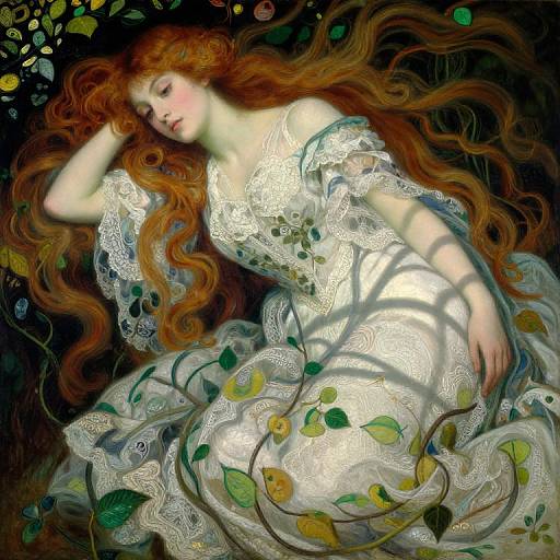 Digital painting of a fair-skinned, red-haired woman with long, wavy hair, lying in a white, lace-trimmed, leaf-pattern