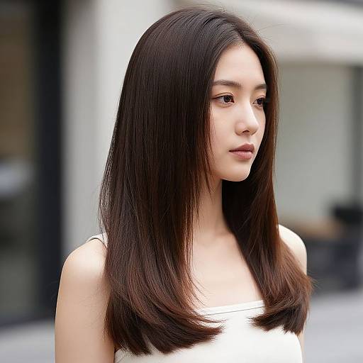 Photograph of an Asian woman with straight, shoulder-length black hair, wearing a white strapless top, looking to the side in an urban setting.
