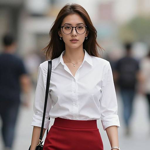 Photograph of an Asian woman with long brown hair, wearing glasses, white button-up shirt, and red skirt, standing in a busy urban street.