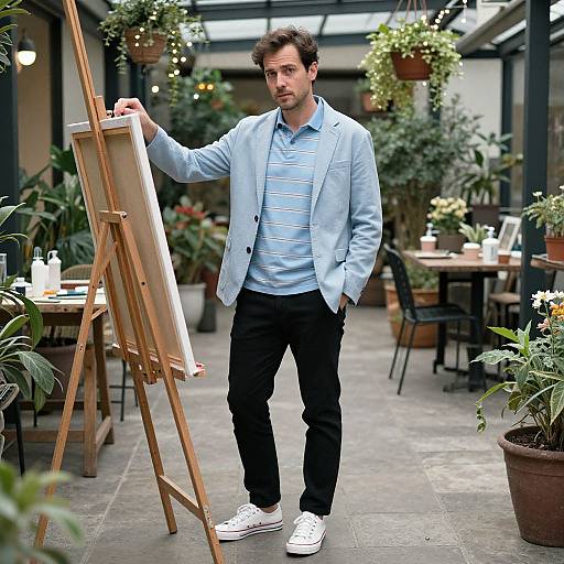 Photograph of a bearded man with short brown hair, wearing a light blue shirt, black pants, and white sneakers, standing in a plant-filled