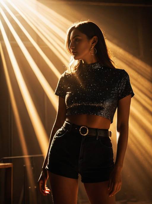 Woman in Glittery Black Cropped Top and High-Waisted Shorts
