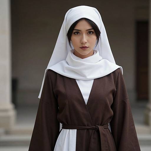 Photograph of a young woman with medium brown skin, black hair, and dark eyes, wearing a white headscarf and brown nun's habit,