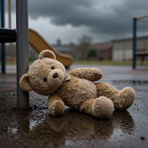 Photograph of a wet, tan teddy bear with a white collar, lying on a rainy playground, surrounded by blurred playground equipment and overcast sky