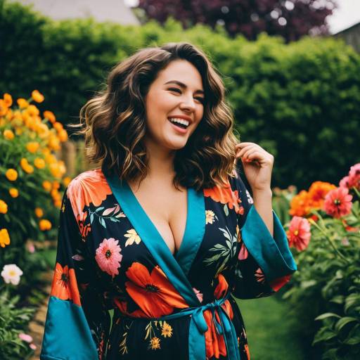 Woman in Floral Lingerie Robe Laughing in Garden