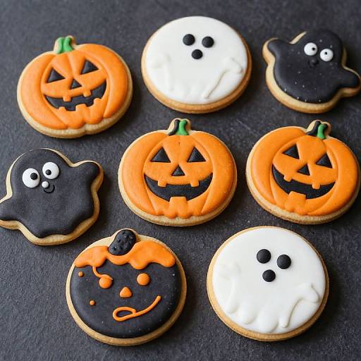 Photograph of Halloween-themed sugar cookies: five jack-o'-lanterns, one ghost, one white ghost, one black ghost, all with colorful