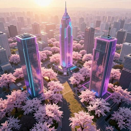Aerial photograph of a neon-lit cityscape featuring three glowing skyscrapers surrounded by pink cherry blossom trees at sunset.
