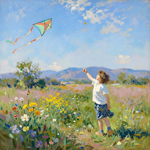 Impressionist Child Playing with Kite