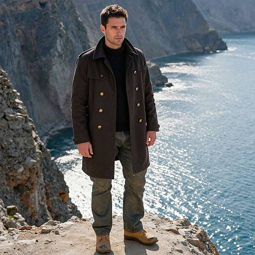 Photograph of a serious, dark-haired man in a black coat, black shirt, olive pants, and brown boots, standing on a rocky cliff overlooking
