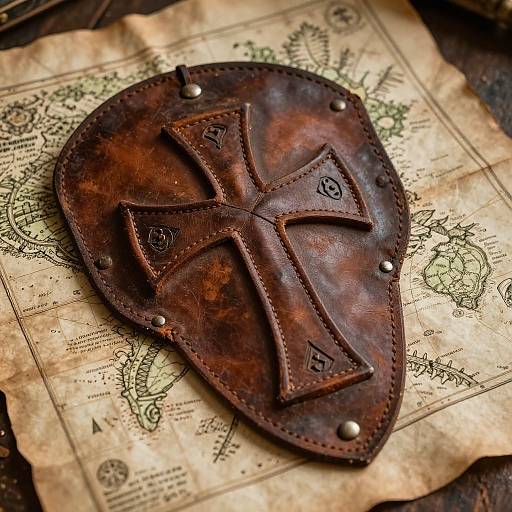 Photograph of a weathered, brown leather medieval-style cross-shaped shield with metal rivets, resting on aged, ornate parchment paper.