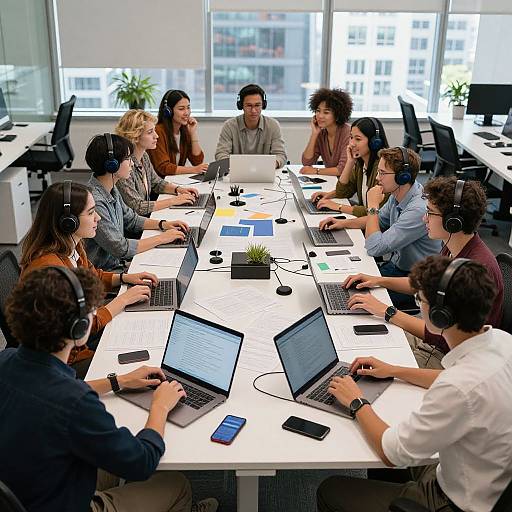 Photograph of diverse team of eight people wearing headsets, seated around a white conference table in a modern office, working on laptops. Bright, daylight