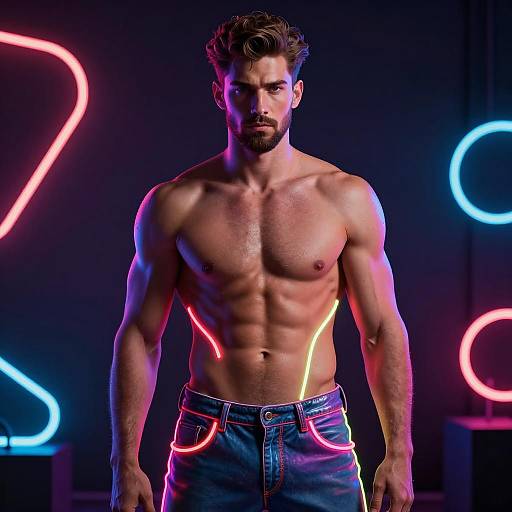 Muscular Shirtless Man with Neon Light Outlines