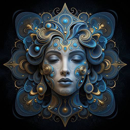 Digital artwork of a serene, blue-tinted face with intricate, swirling golden and teal patterns, adorned with glowing orbs and symmetrical designs, set