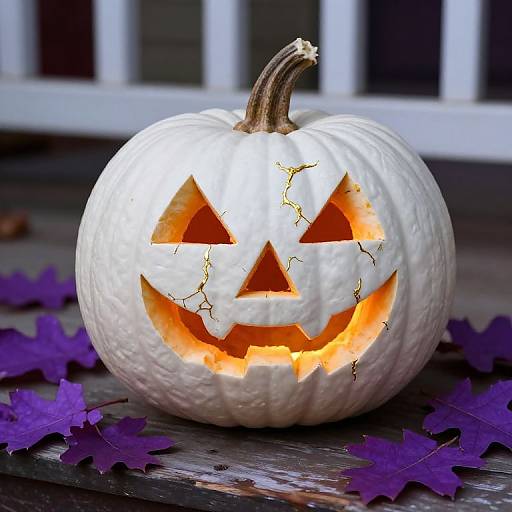 Photograph of a white, carved jack-o'-lantern with glowing triangular eyes and mouth, cracked texture, purple leaves, and wooden porch background.