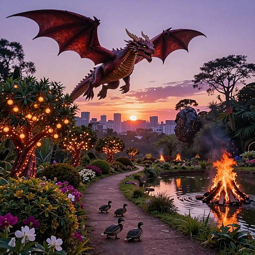 Photograph of a sunset in a lush garden with a red dragon soaring overhead, two ducks on a path, and a burning fire pit reflecting in a
