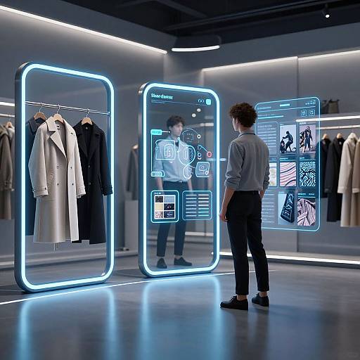 Futuristic AR clothing store with digital mirrors
