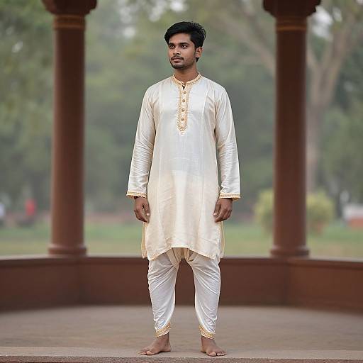 Photograph of a young South Asian man with dark hair and beard, wearing a white traditional kurta and pants, standing barefoot on a stone platform