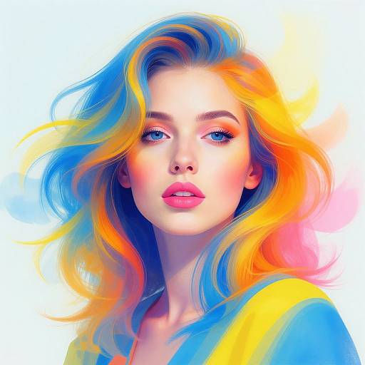 Digital art of a fair-skinned woman with vibrant blue, orange, and pink wavy hair, wearing a blue top, with pink lips and blue