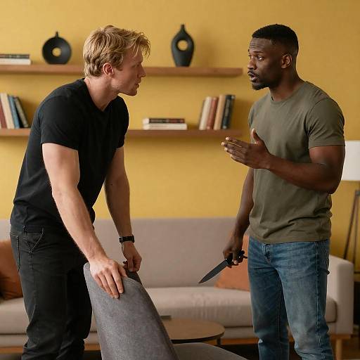 Men Confrontation with Knife in Living Room