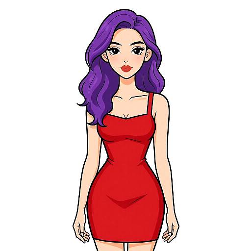Digital anime-style drawing of a fair-skinned woman with long, wavy purple hair, wearing a tight, red, strapless dress, with bold