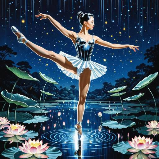 Luminescent Ballet Dancer Mid-Pirouette Over Digital Lotus Pond