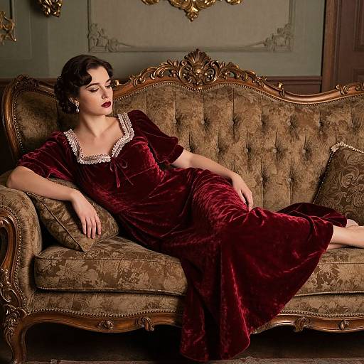 Photograph of a pale-skinned woman with dark, wavy hair, wearing a deep red velvet dress with white lace trim, reclining on an