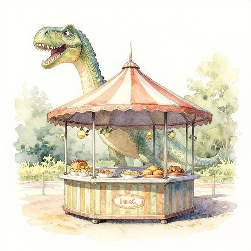 Whimsical watercolor illustration of a friendly green dinosaur operating a food cart with pastries, under a red-striped canopy, in a sunny park.