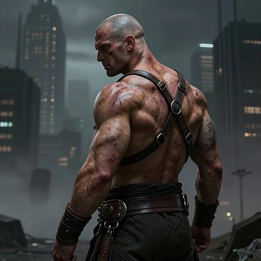 Muscular Bald Man in Dystopian Cityscape
