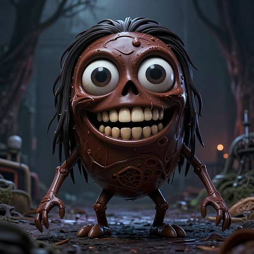 CGI image of a creepy, cartoonish, brown, metal creature with large eyes, wide grin, black spiky hair, and clawed hands