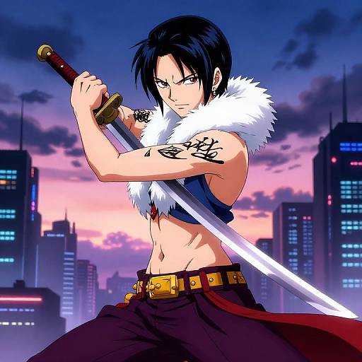Anime-style digital drawing of a muscular, black-haired man with tattoos, holding a sword, wearing a fur collar and red cape, against a cityscape