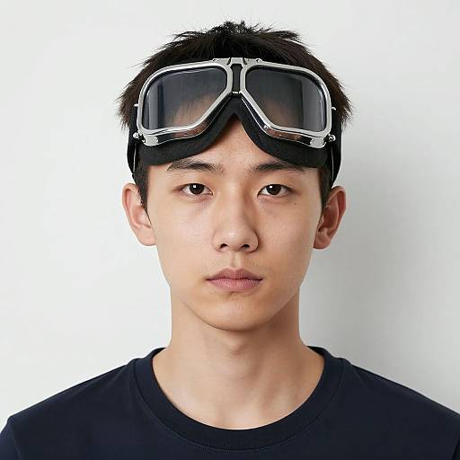 Photograph of an Asian man with short black hair, wearing black goggles on his head, and a black shirt, against a plain white background.