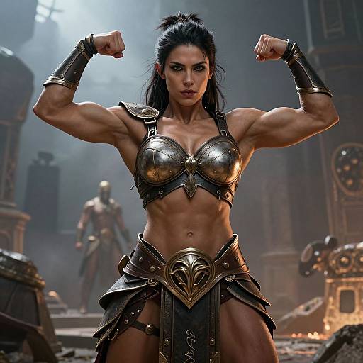 Digitally rendered warrior woman with muscular physique, dark hair in a high ponytail, flexing arms in metallic armor, standing in a smoky,