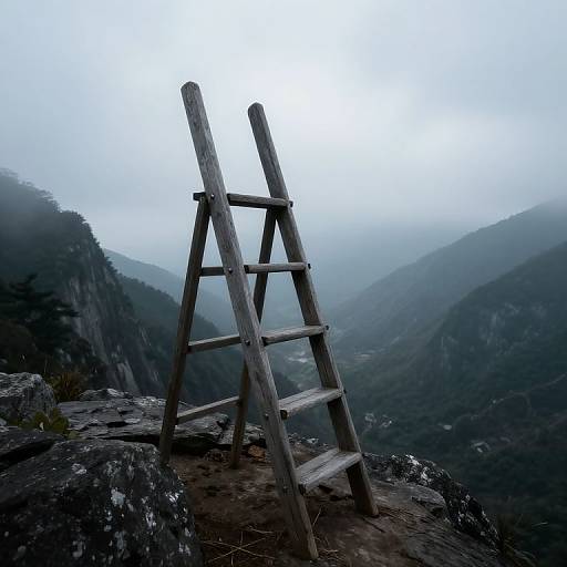 Rickety Ladder on Foggy Mountain Cliff