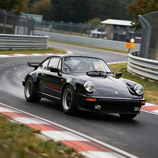 Photograph of a black, vintage Porsche 911 racing on a wet, curving racetrack with red and white markings, surrounded by metal rail