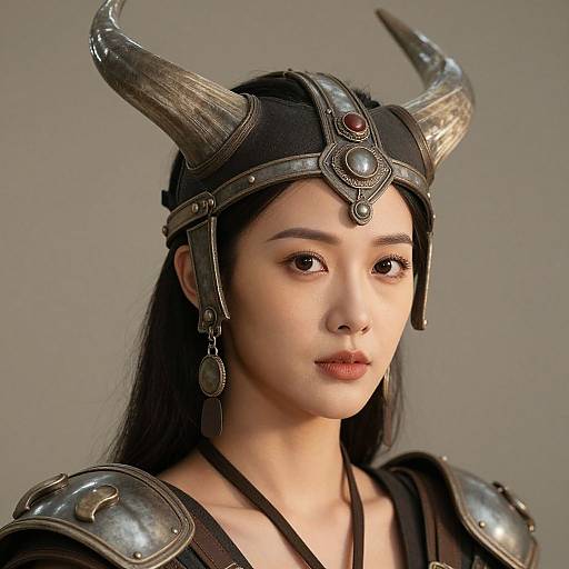 Digital portrait of an Asian woman with fair skin, wearing a metallic horned helmet, dark shoulder armor, and black choker, against a plain gray