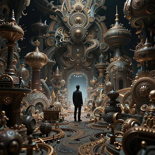 Man Standing in Surreal Ornate Mechanical Hall