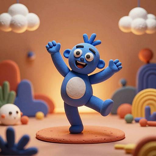 Photograph of a cheerful, blue, cartoon-style toy bear with raised arms, white belly, and small antennae, in a colorful, playful room