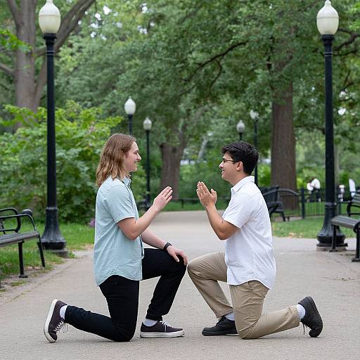 Photograph of two men kneeling in a park, both wearing white shirts and black pants, clapping and smiling at each other. Background includes green trees