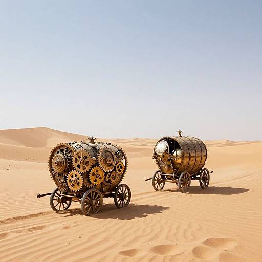 Photorealistic CGI of two steampunk-style, gear-covered carriages with black wheels in a vast, sunlit desert with rippled sand.