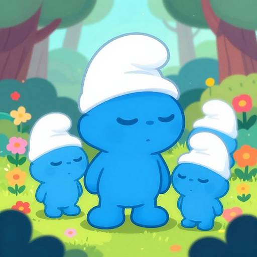 Digital cartoon of four blue, cute, chubby characters with white hats, standing in a vibrant, flower-filled forest, eyes closed, smiling.