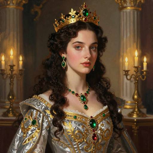 Digital painting of a fair-skinned woman with long, curly black hair, wearing an ornate gold crown, green gemstone jewelry, and an elaborate