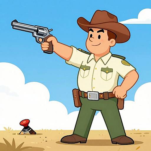 Cartoon-style drawing of a smiling sheriff in a brown hat, beige shirt, green pants, aiming a silver revolver at a red-topped sheriff's