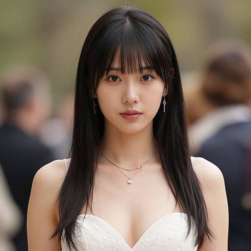 Photograph of an Asian woman with long black hair, bangs, wearing a white strapless dress, necklace, and earrings, standing in a blurred